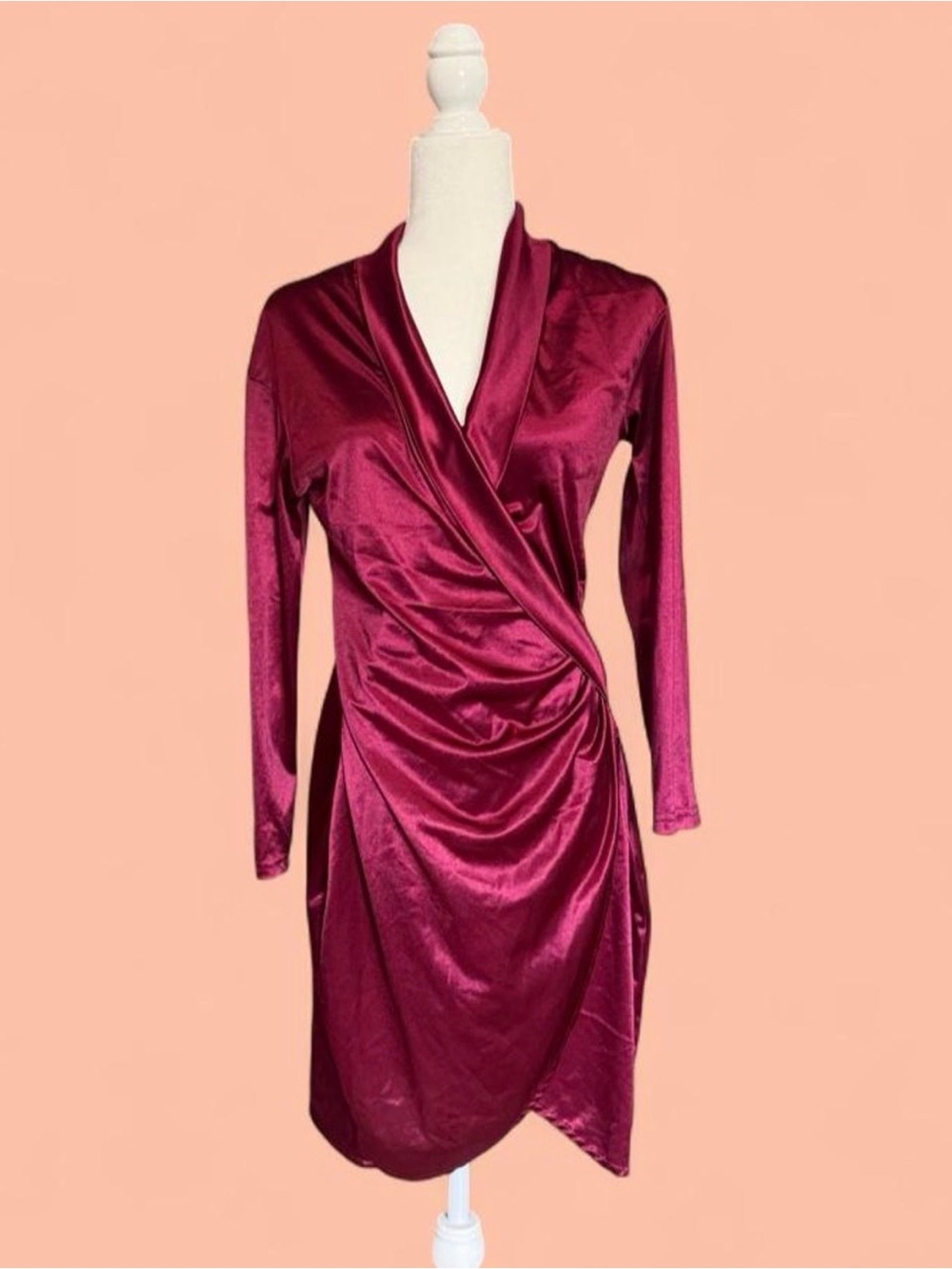 Elegant Romantic Satin V-Neck Long Sleeve Wrap Dress in Burgundy Wine, Size L